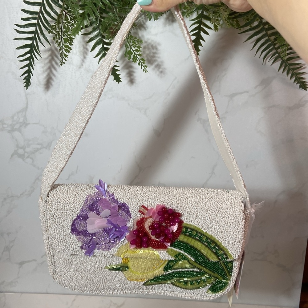 Viral Floral Beaded Bag White Pink Tulip Handmade India Top Handle Shoulder - Picture 7 of 7